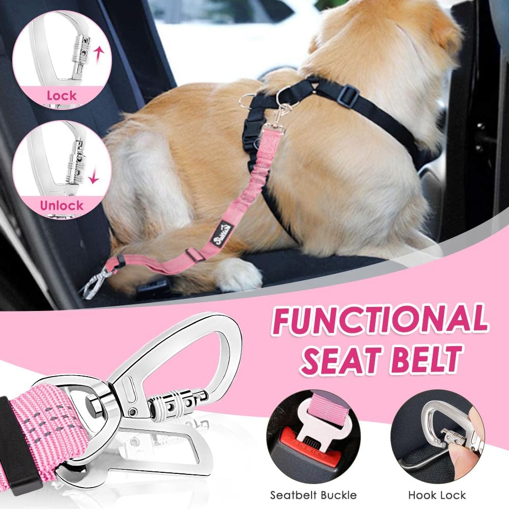 SlowTon Dog Seatbelt, 2 Pack Adjustable Heavy Duty Dog Safety Seat Belt – Essentials for Dogs - Pink / Seatbelt Clip + Carabiner - image 3