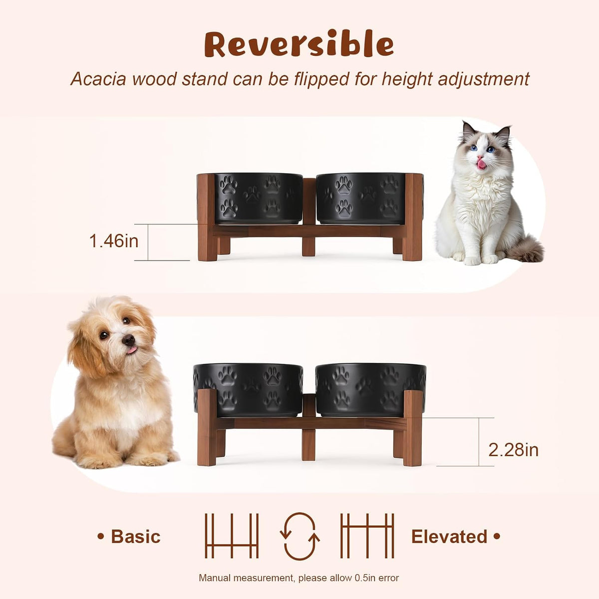 SPUNKYJUNKY Ceramic Dog Bowls with Acacia Wood Stand - 13.52 oz / Dog Paw Black - image 3