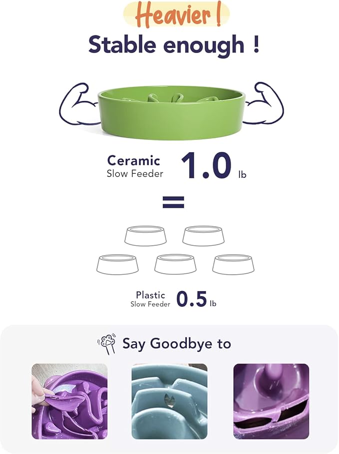 LE TAUCI Ceramic Slow Feeder Dog Bowls Small Breed, 0.6 Cups Dog Food Dish for Fast Eaters, Puzzle Bowl for Small Dogs and Cats,Clover Green