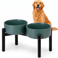 Raised Ceramic Dog Bowl Set with Stand - Green / 2 Bowls - 7.5 Cups Each