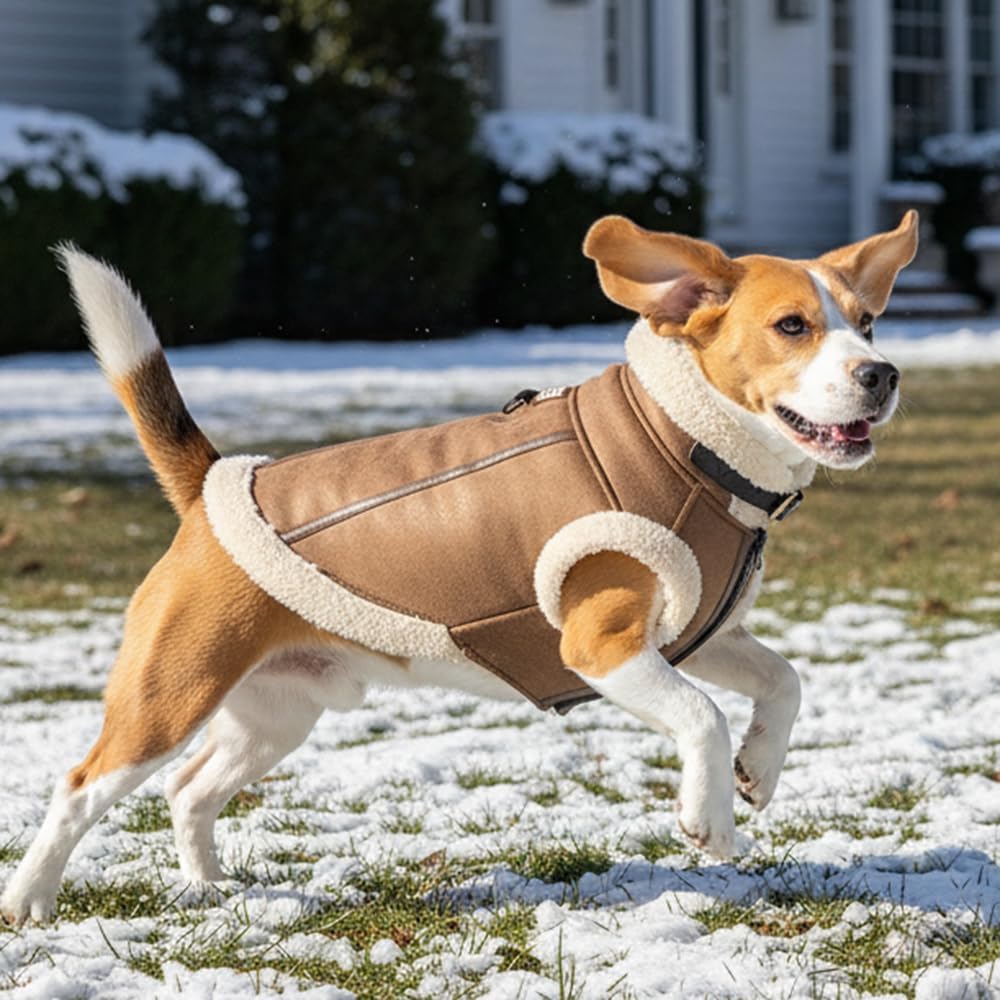 Retro Aviator Dog Jacket – Faux Leather Winter Coat with Plush Sherpa Fleece Lining for Bulldog - Coffee / X-Large - image 2