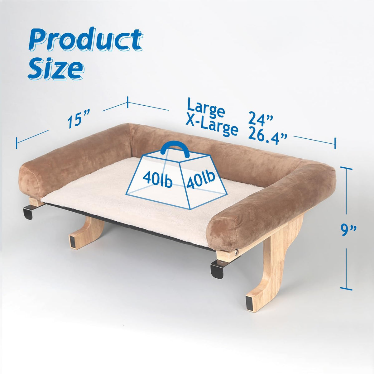 Zakkart Cat Perch for Windowsill with Bolsters – Essentials for Cats - Natural Color Wood with Brown Bed / 24''L x 15''W - image 4