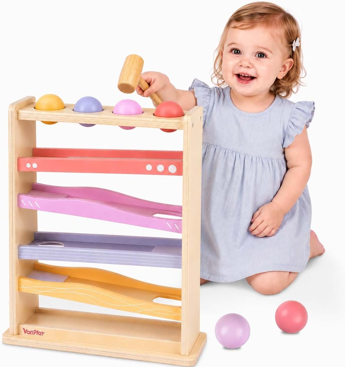 Vanplay Montessori Ball Drop Toys for 1 2 Year Old Boy Girls Birthday - Pink