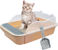 Open Cat Litter Box with High Side - 【Color：Khaki】