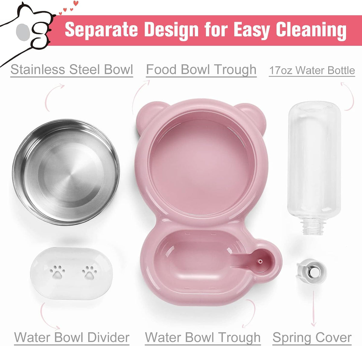 Cat food and water bowl set with 17 oz water dispenser and stainless-steel bowl - view 3