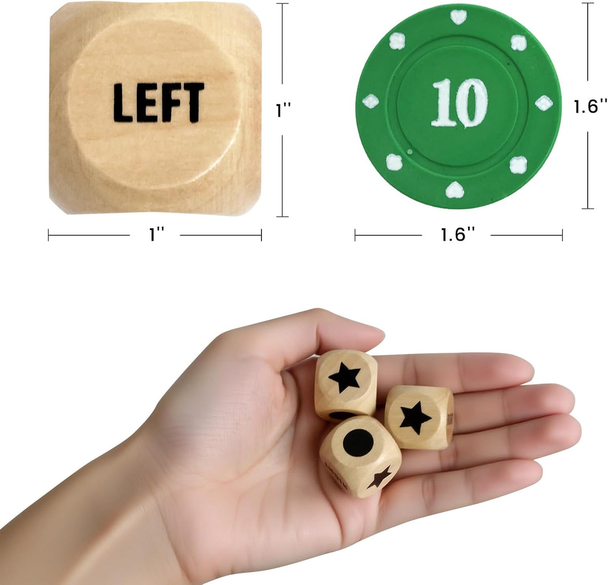 Bilywey Left Right Dice Game Set with 3 Dices + 36 Black Chips – Fun for Kids & Family - Wood Set - image 4