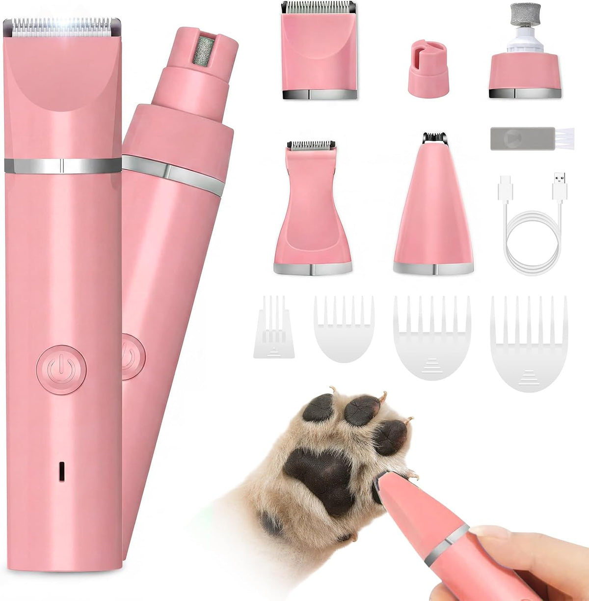 Veeconn 4 in 1 Dog Clippers Grooming Kit with Paw Hair Trimmer - Pink