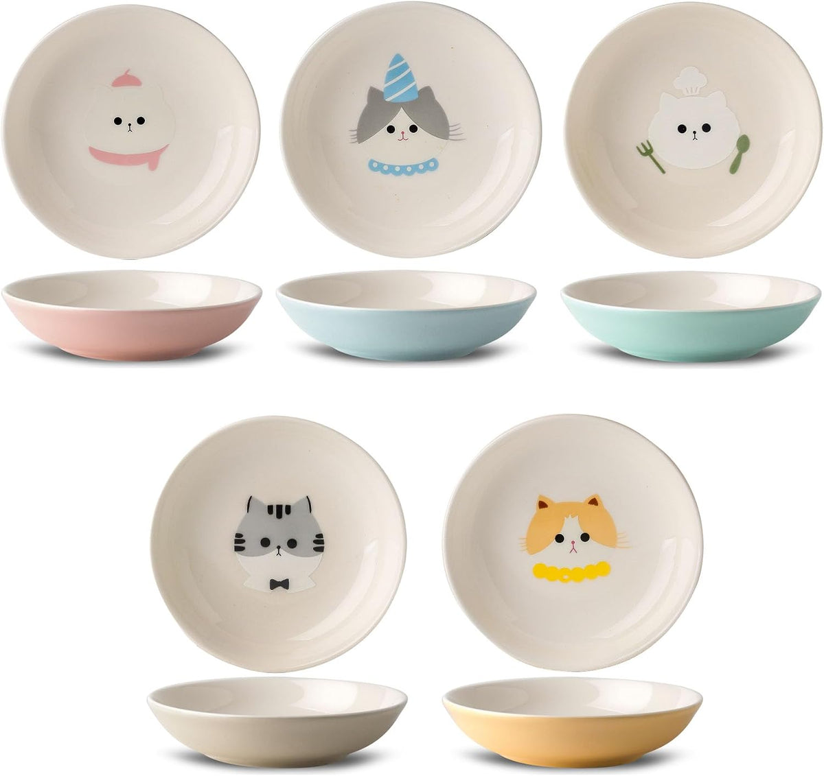 Ceramic Cat Bowls Set - 5.7 inch Wide Cat Food Bowls Whisker Fatigue Friendly, 5 Colorful Kitten - Cute Cat