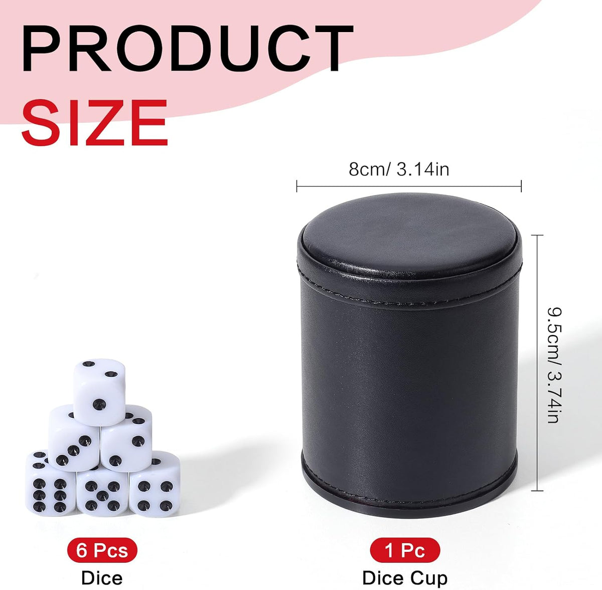 Felt Lined PU Leather Dice Cup Set with 6 Dot Dices – Fun for Kids & Family - Black - image 3