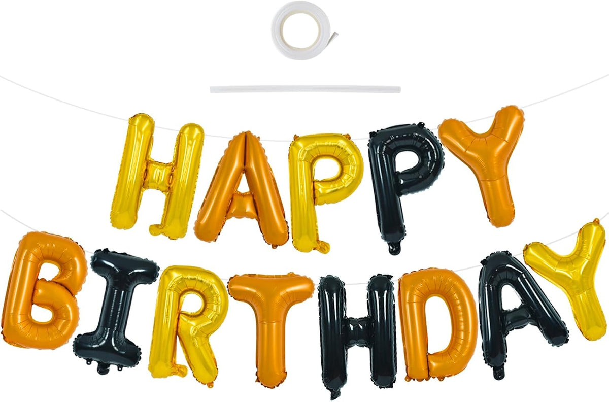 TONIFUL 16 Inch Black Happy Birthday Balloons Banner Decorations - Gold Orange Black