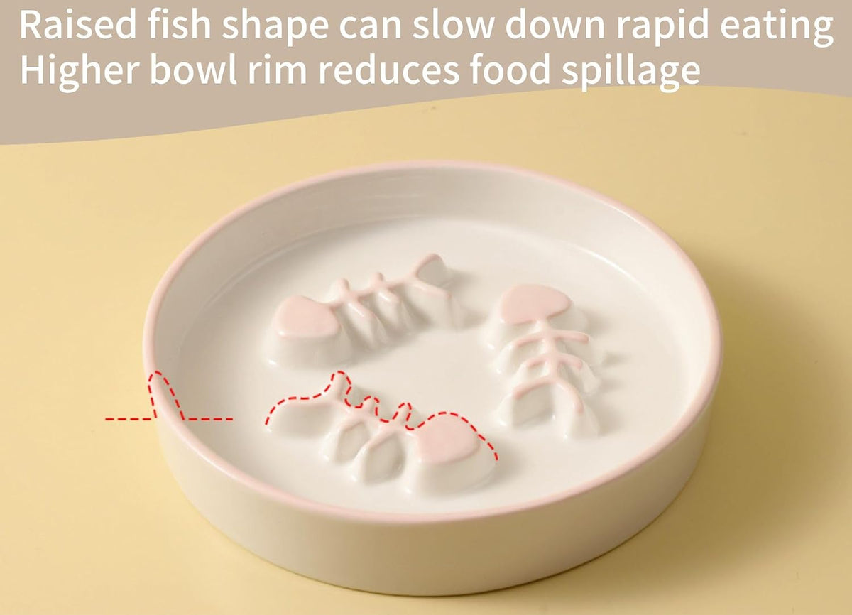 Ceramic Elevated Slow Feeder Cat Bowl, Anti Vomit - Pink+Blue - image 2
