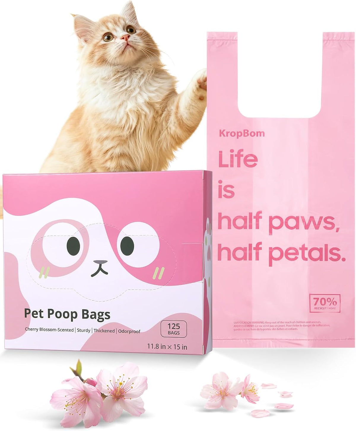 125 Count Cat Poop Bags Cherry Blossom Scented with Handles - Cherry Blossom / 125 Count / Medium-14.96" x 6.69"