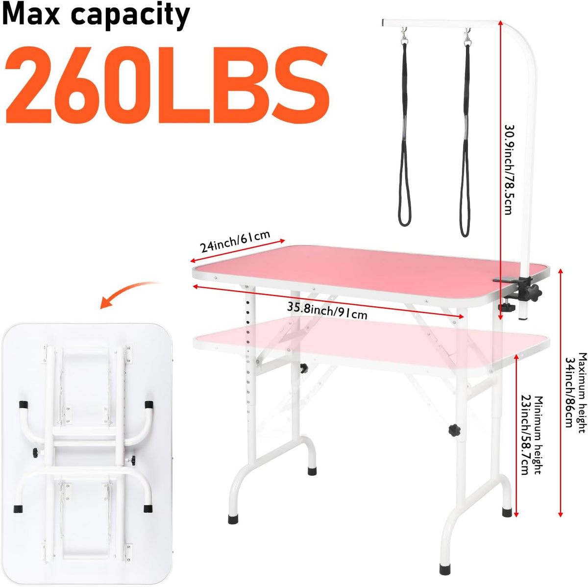 LEIBOU Pet Dog Grooming Table Foldable Grooming Table Heavy Duty Iron - Pink-209SP / 36.0"L x 24.0"W x 33.8"H - image 2