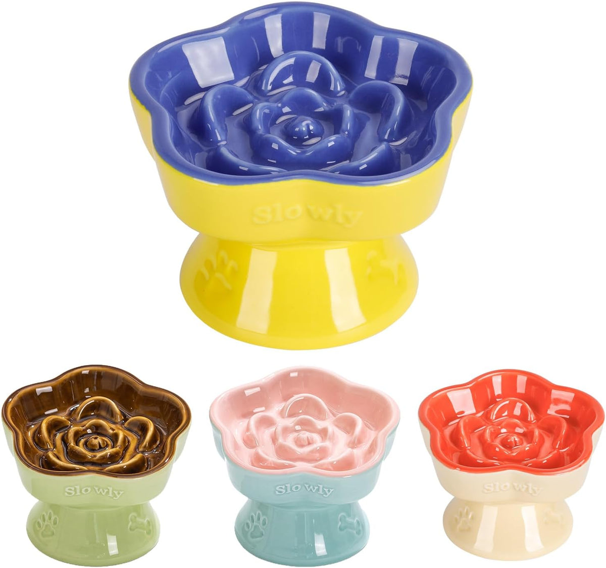S&Q's CERAMICS Raised Slow Feeder Cat Bowl - 5.8" / Blue