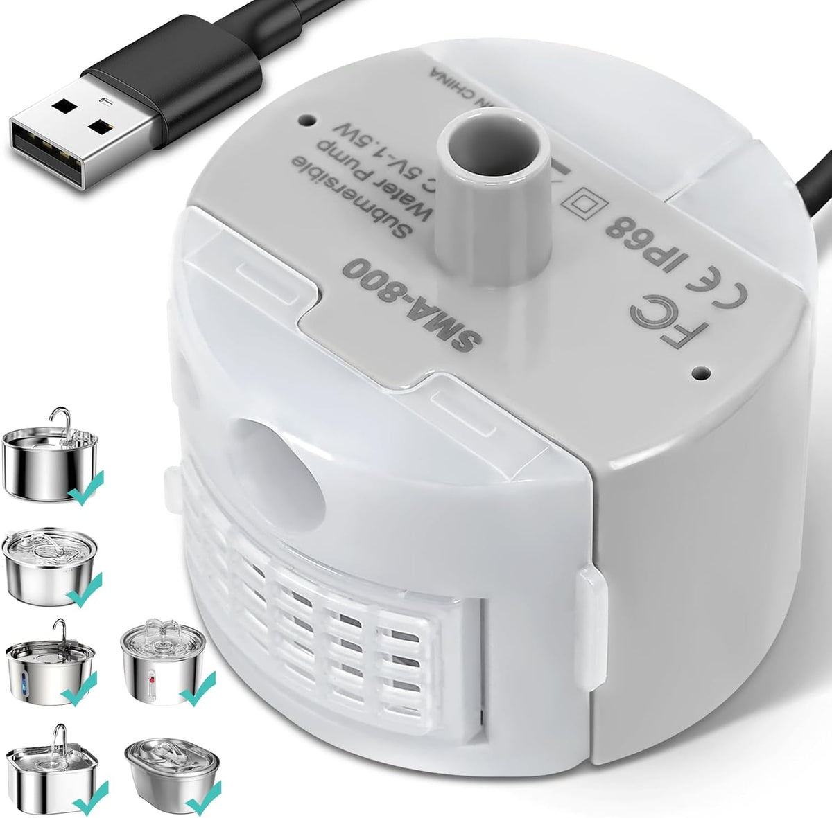 Ultra-quiet DC 5V replacement pump with USB cable for stainless steel cat water fountains