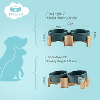 SPUNKYJUNKY 15° Slanted Ceramic Dog and Cat Bowl with Wooden Stand, Tilted Bulldog Food and Water Bowl No Slip Non-Spill for Cats Medium Dogs Big Face Pets 13.5 OZ (1.7 Cups, Green × 2)
