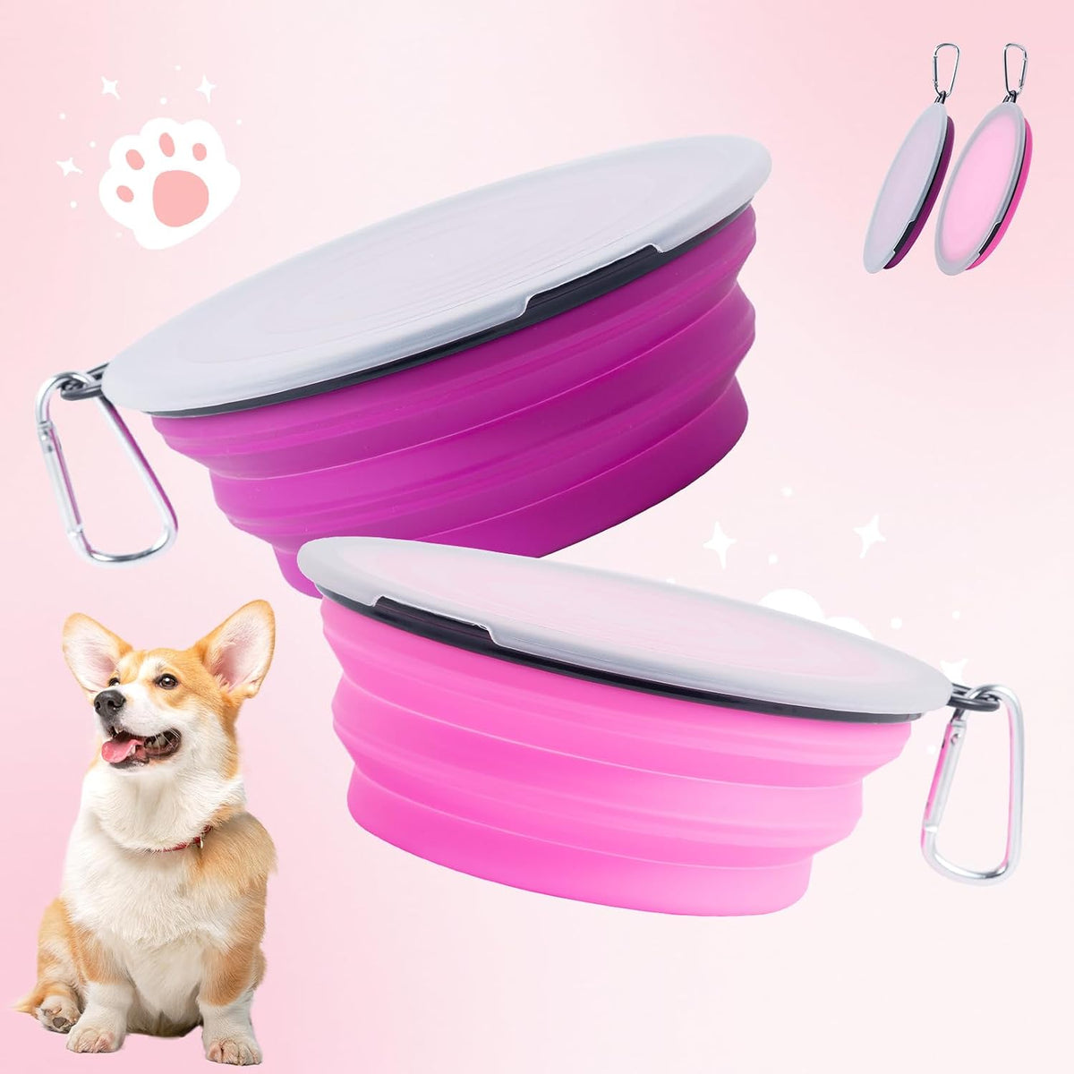 SLSON Dog Bowls Pet Collapsible Bowl with Cover Lids - Pink and Purple / Large Two-Tone - image 3