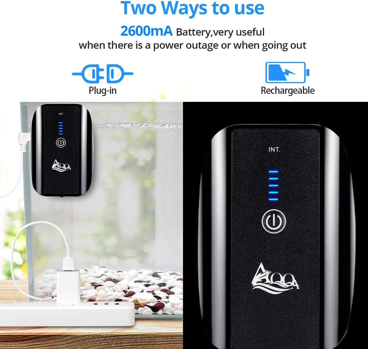 AQQA Aquarium Air Pump Battery Powered USB Rechargeable Aerator - 2.5W(0-140gal) - image 2