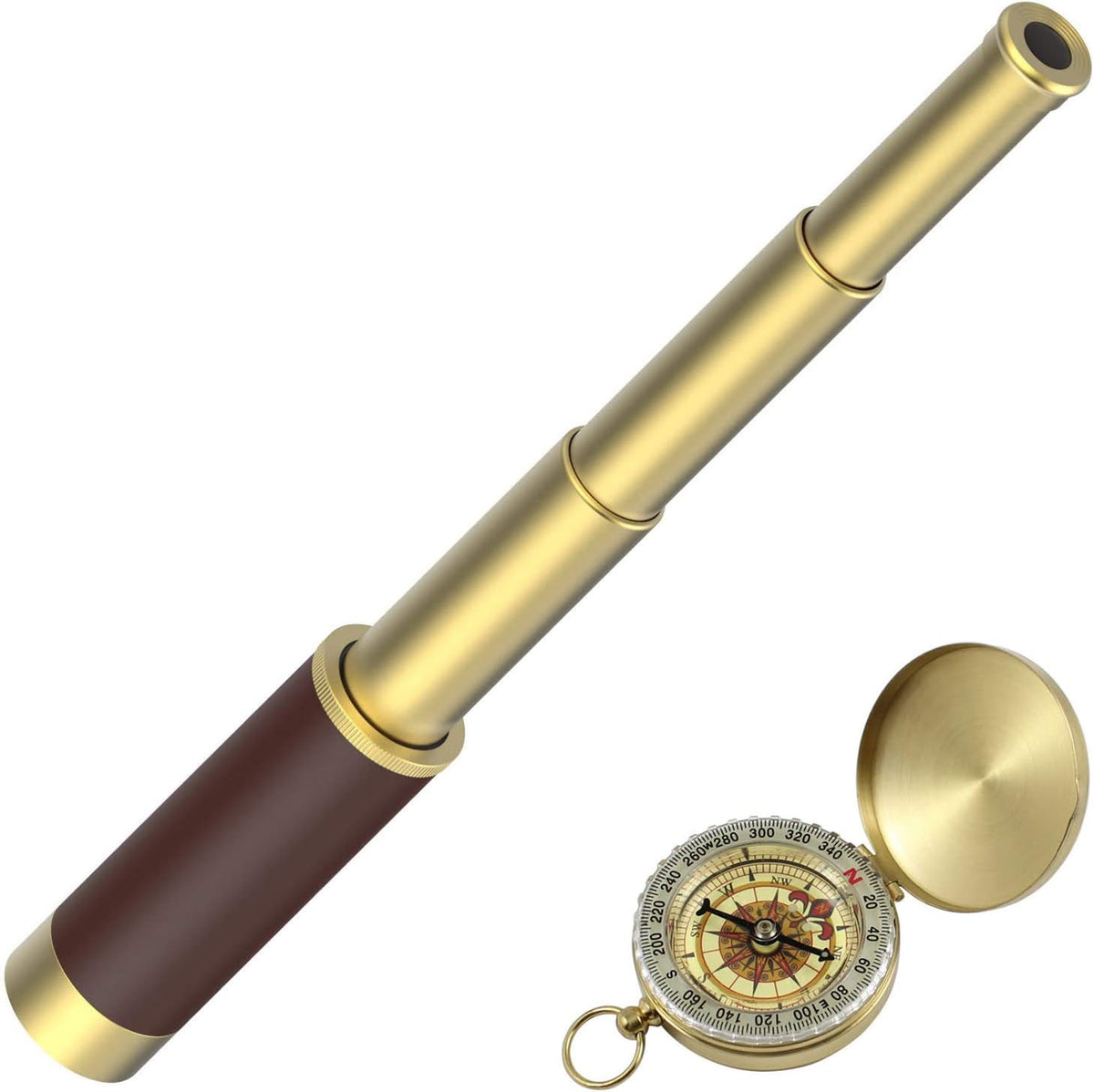 SSZS gold pirate spyglass telescope with leather grip and pocket compass