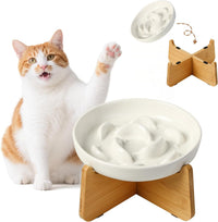 Ceramic Slow Feeder Cat Bowl - White Elevated (Bamboo) / 3.7"H Elevated (Bamboo)