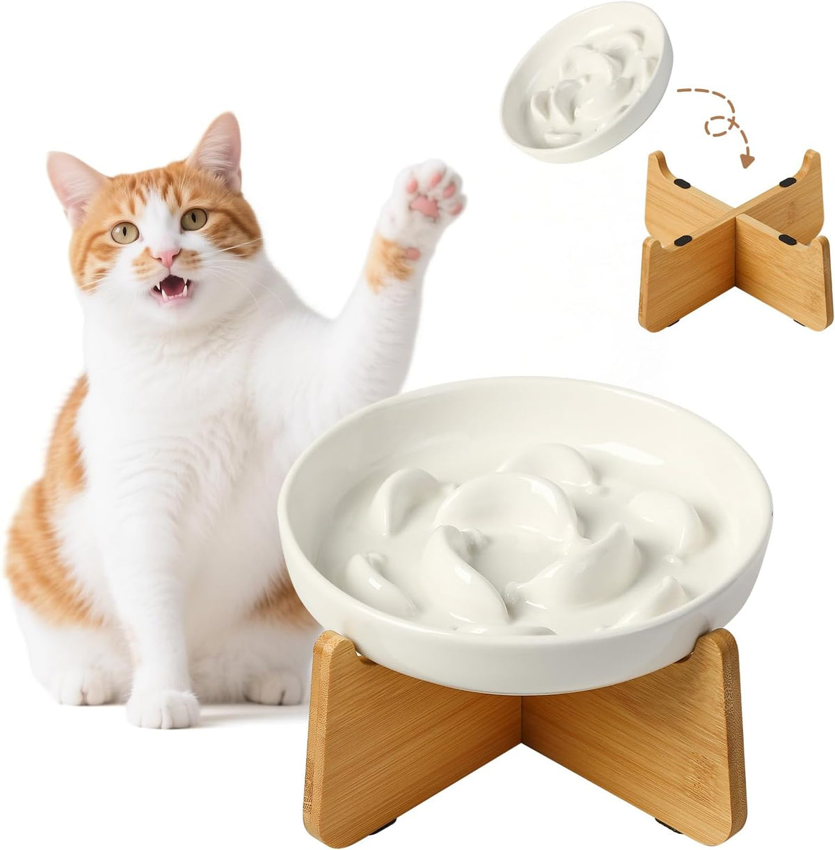 Ceramic Slow Feeder Cat Bowl - White Elevated (Bamboo) / 3.7"H Elevated (Bamboo)