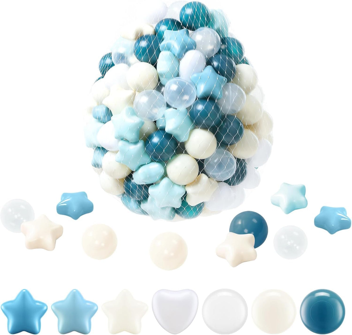 Crush-Proof Balls, BPA-Free Plastic Balls for Toddlers Indoor Play Non-Toxic and Safe. Works - Stars: dark gray blue, light gray blue, milky white, love: white Round ball: Morandi blue, milky white, transparent / 100PCS
