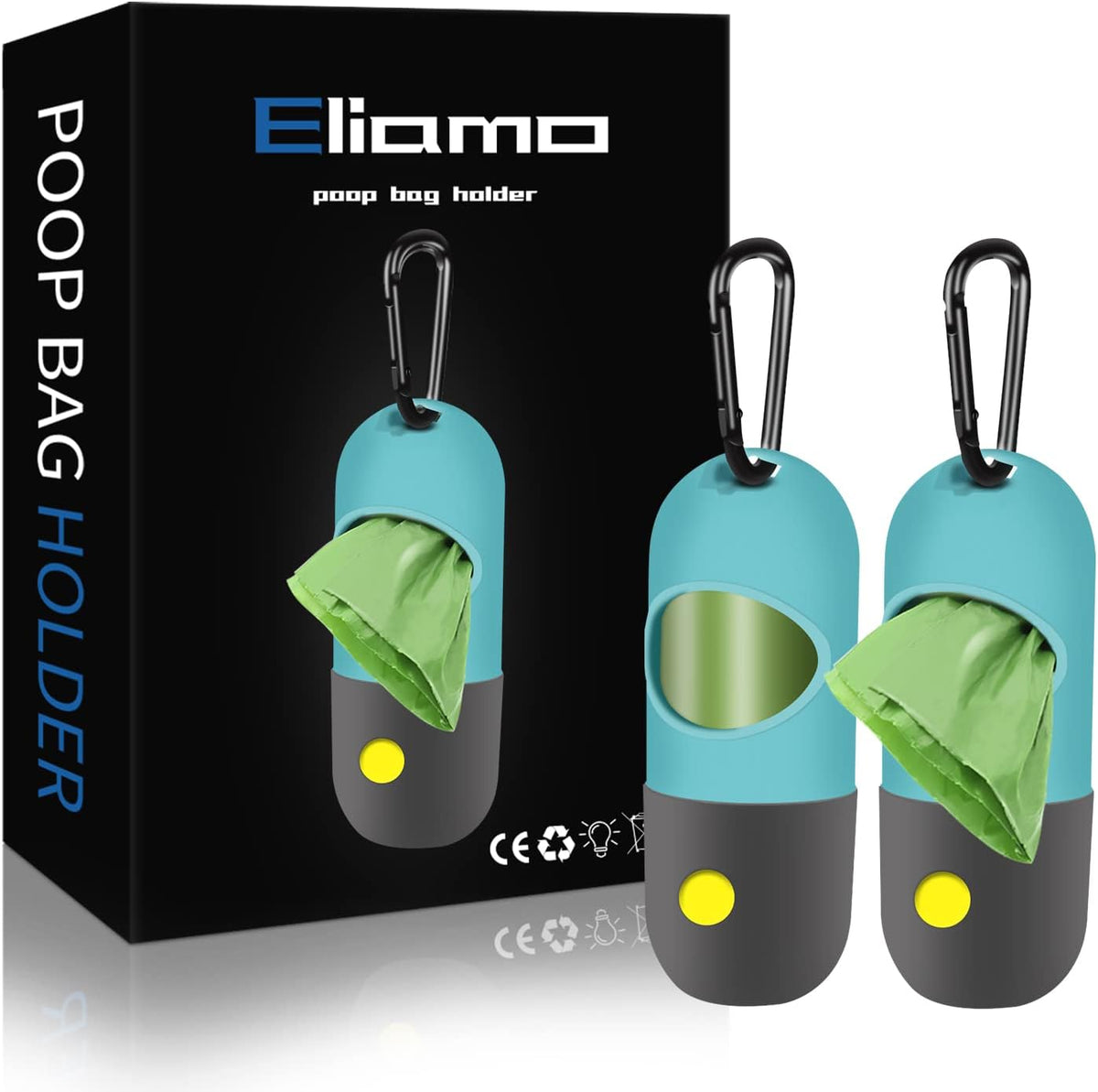 2 Pack Dog Poop Bag Dispenser with Built-in LED Flashlight - Blue