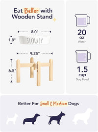 Ceramic Slow Feeder Dog Bowls Elevated for Small and Medium Breed with Wooden Stand, 1.5 Cups Dog Dishes to Slow Down Eating, Anti-Gulping Pet Feeding Dishes,White