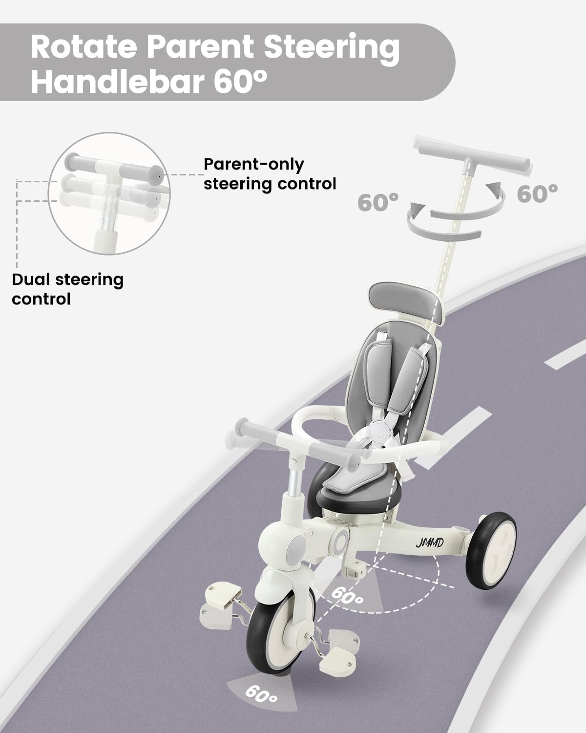 JMMD 7-in-1 Toddler Tricycle for Ages 1-5 - Gray - image 3