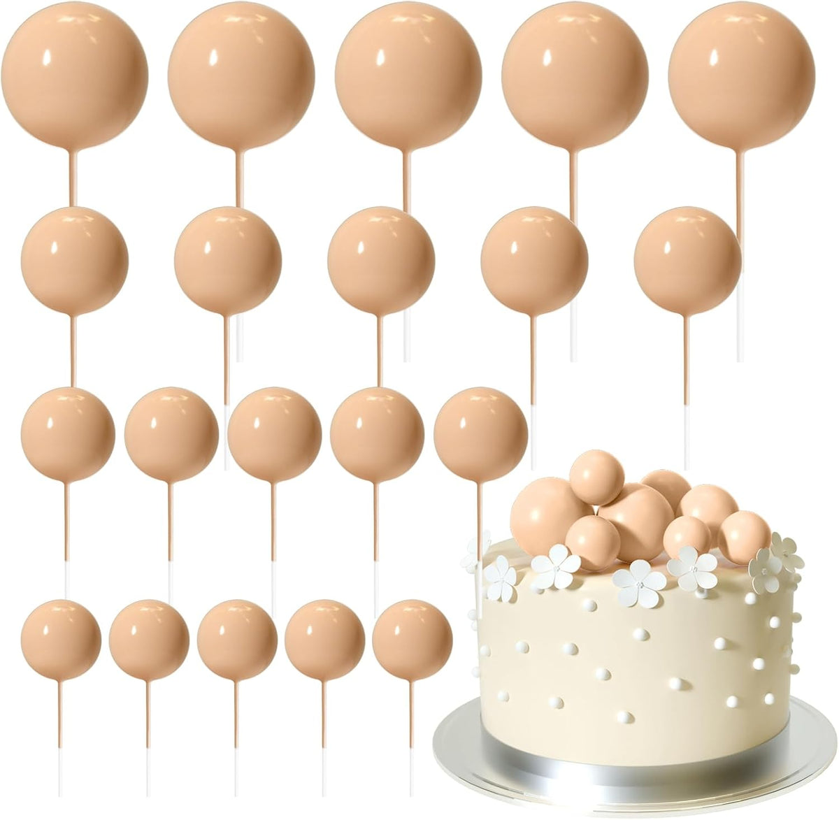 ASTARON 20 Pcs Gold Balls Cake Topper Decorations for Birthday Cake - Cream Brown