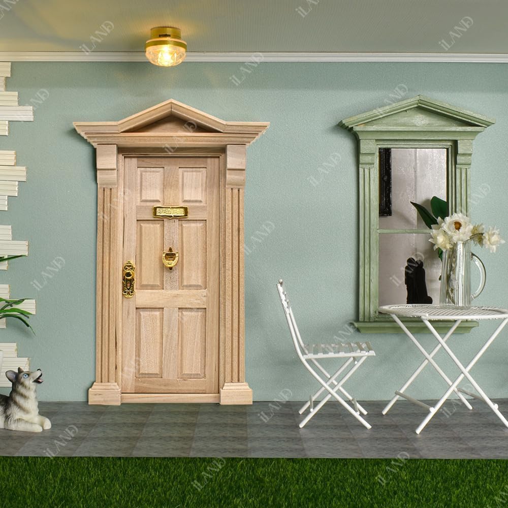 iLAND 1:12 scale unfinished wooden dollhouse door with 3D acrylic windowpane and gold handle - view 10
