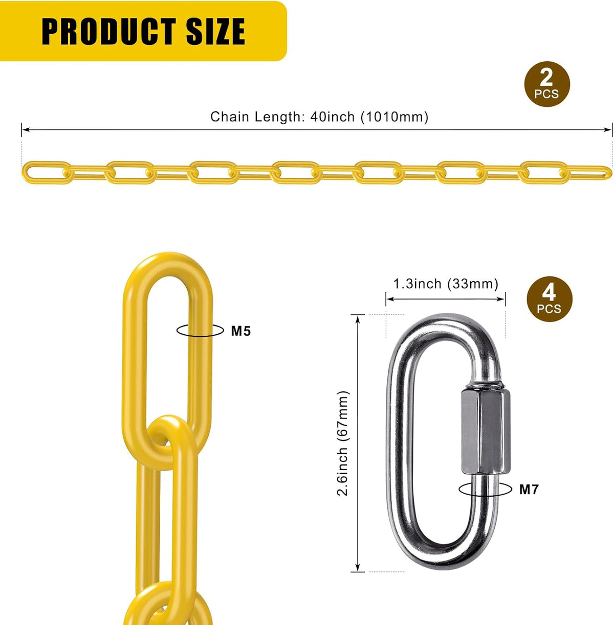 BeneLabel 40 inch yellow coated heavy duty hanging chains with carabiners - view 35