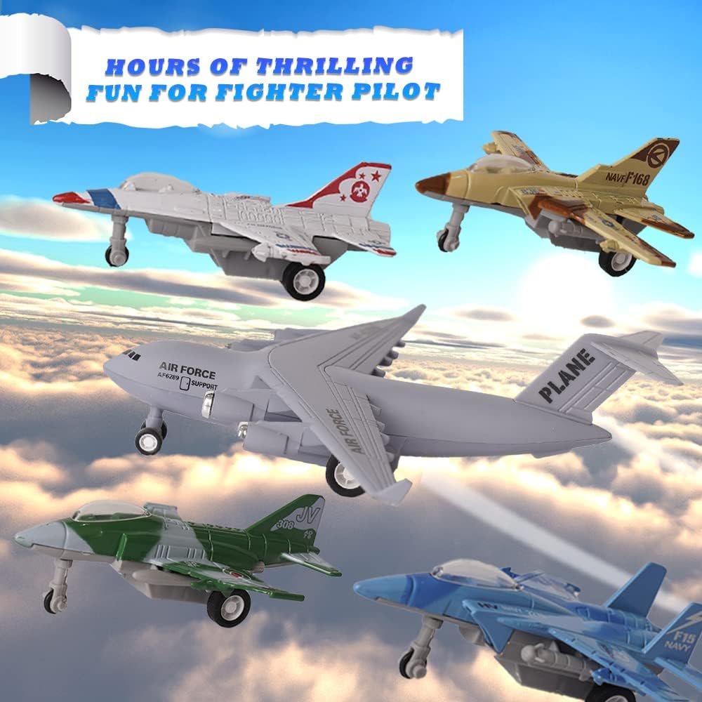 Crelloci army airplane toys set, five die cast military fighter jets and a transport plane - view 3