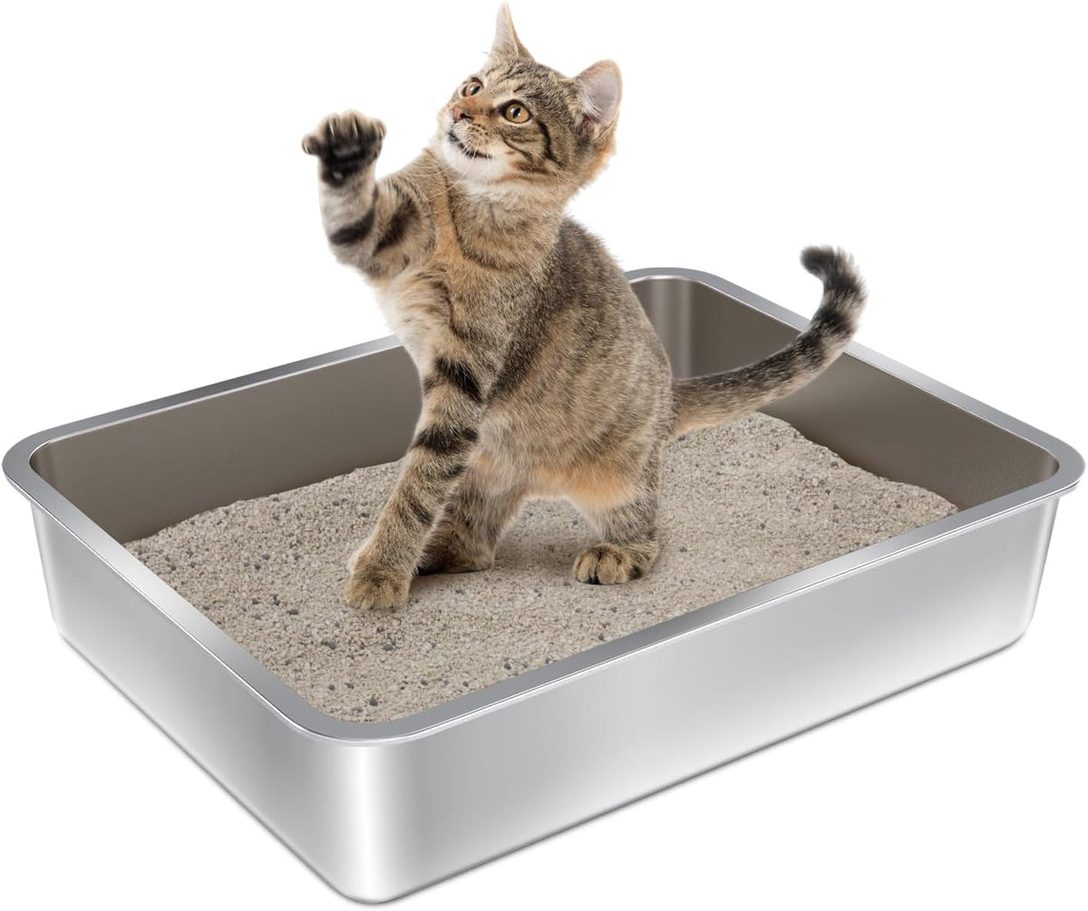 Stainless Steel Litter Box, Metal Cat Litter Box for Kitten - 1 Pack-Medium: 17.7x13.77x4 inch