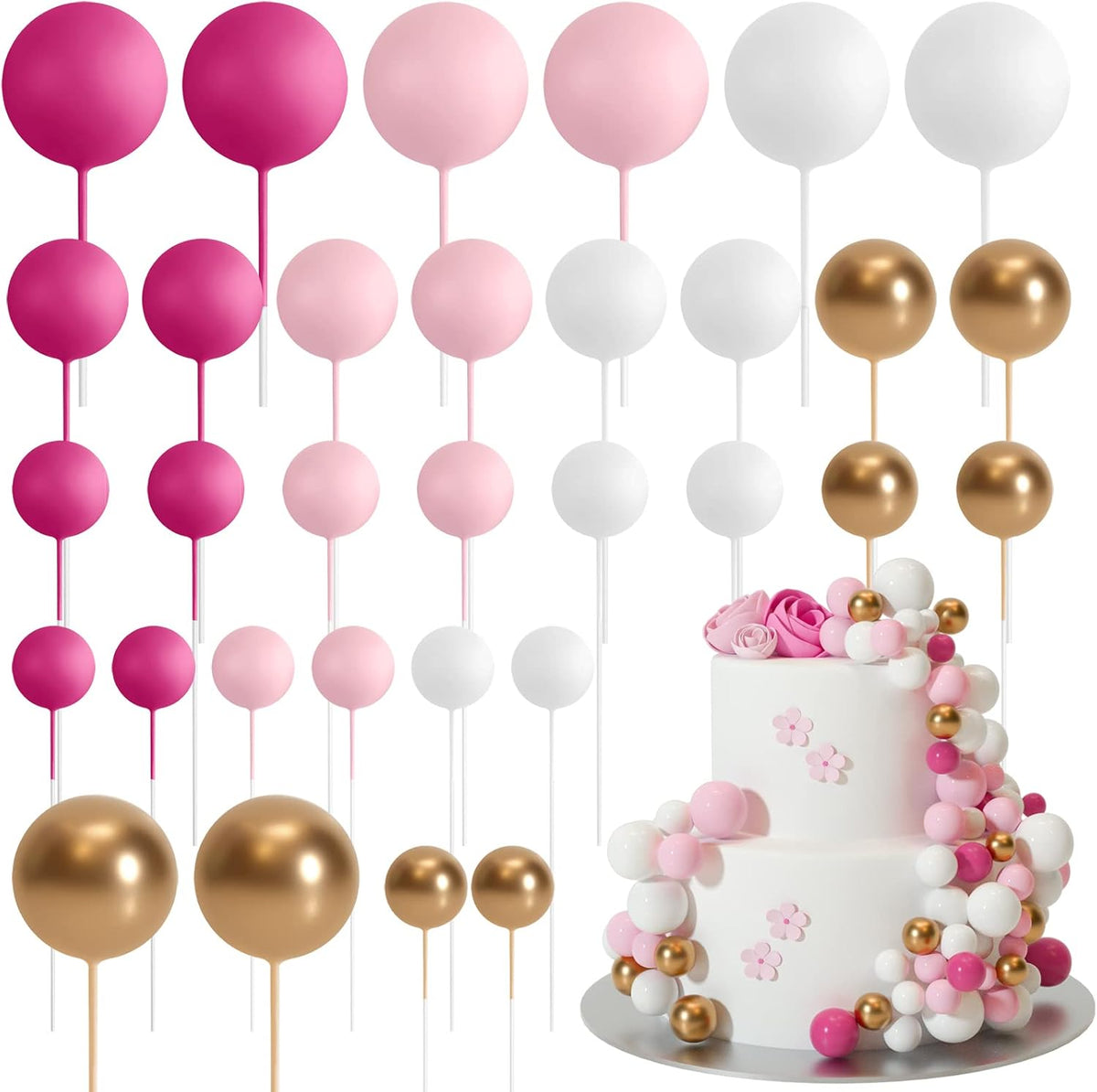 ASTARON 32 Pcs Foam Balls Cake Topper Decorations for Party Cake - Pink，gold