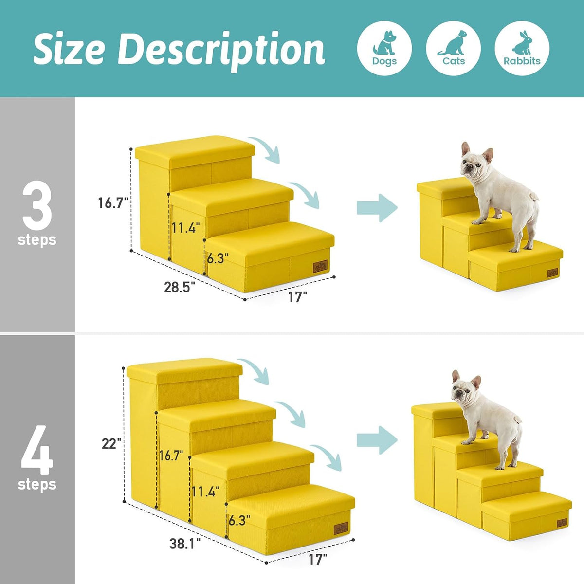 COZY KISS Dog Stairs with Storage, 16.7" H Wider Dog Steps - Yellow / 4 / 38.1x17x22 inch - image 3