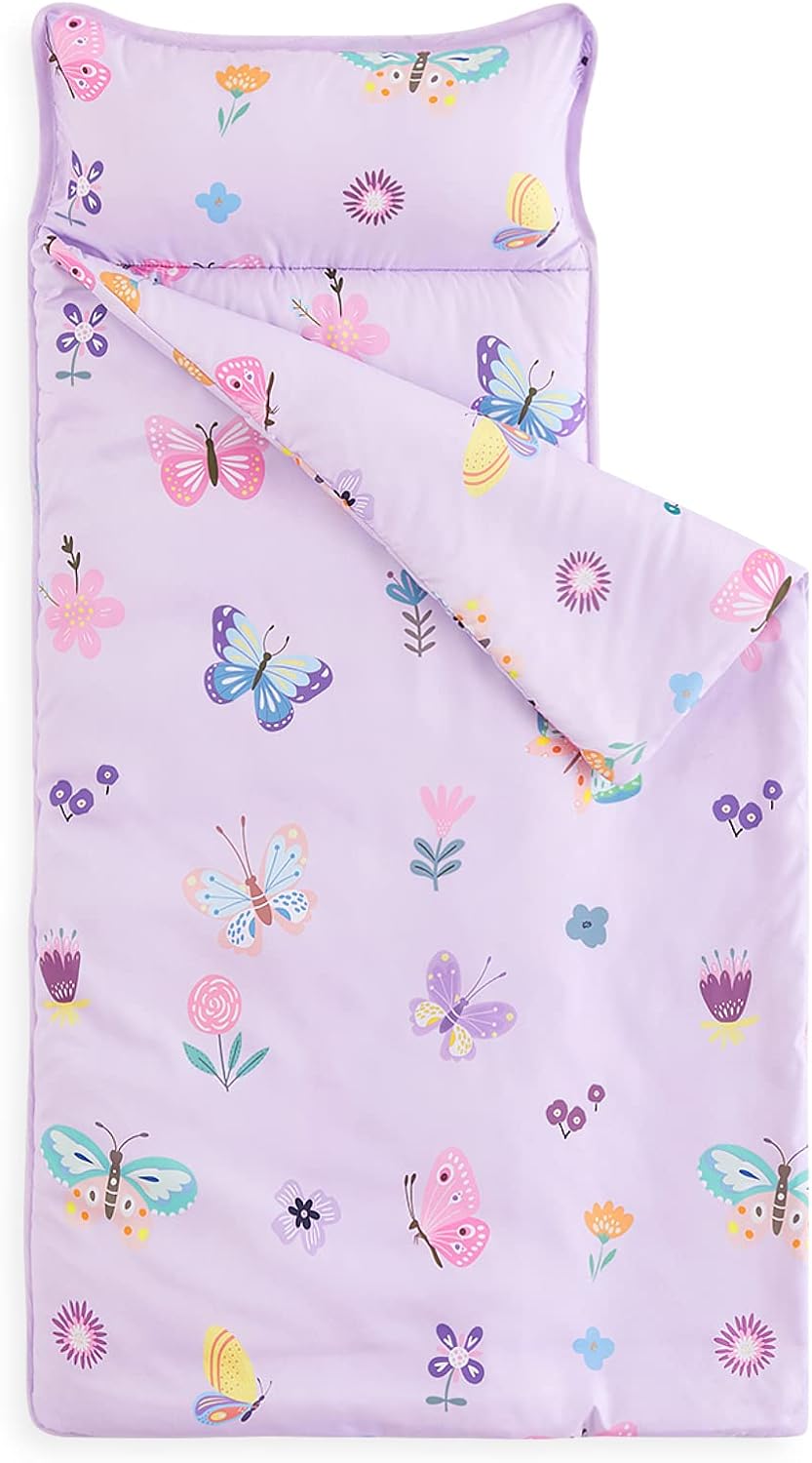 Wake In Cloud purple butterfly toddler nap mat with attached blanket and pillow - view 2