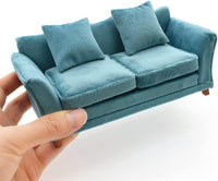 iLAND 1:12 scale dollhouse couch in turquoise blue velvet with two cushions and two pillows