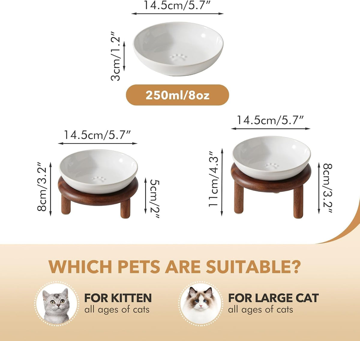 Elevated Cat Bowls, Ceramic Cat Bowl with Bamboo Stand Wide Opening – Essentials for Cats - White / Paw x2 + Acacia Wood - image 2
