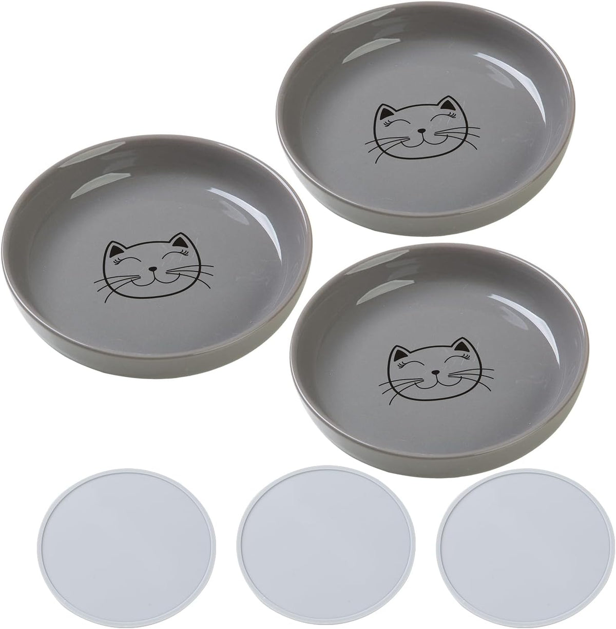 Shallow Wide Elevated Cat Bowls Whisker Fatigue – Essentials for Cats - Grey / Plate with mat(3 pack)