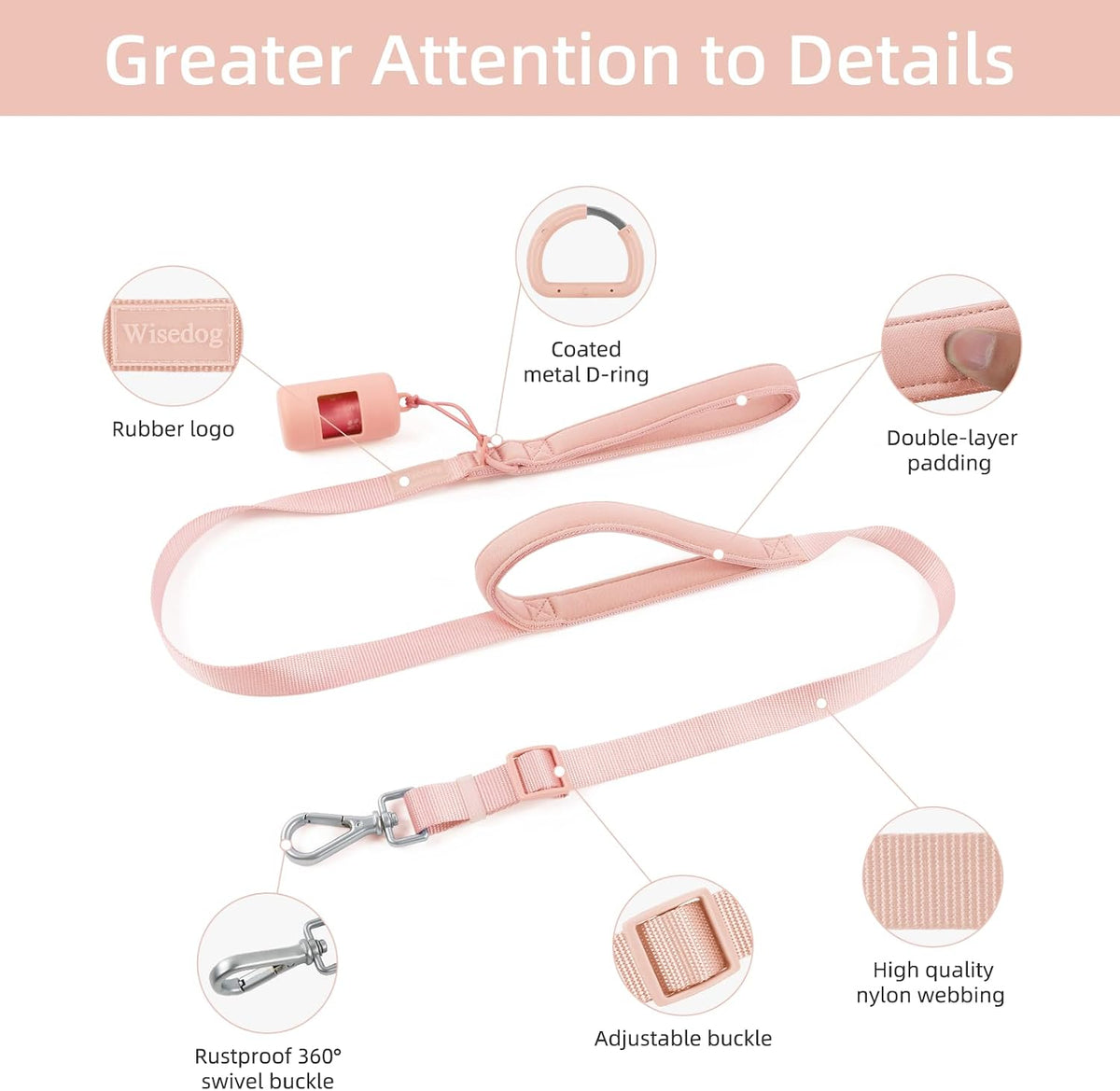 Wisedog Two Handles Dog Leash, Lilac - Gossamer Pink / M - image 3