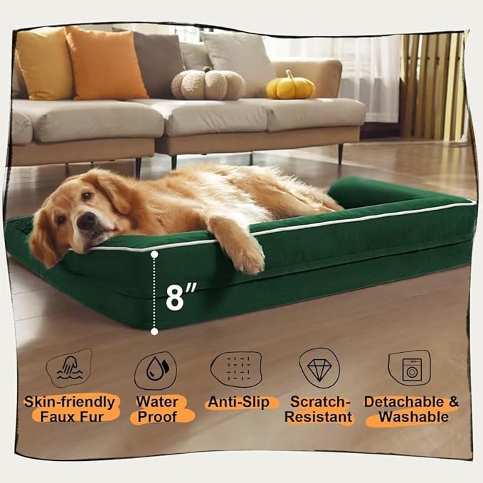 Large Dog Bed Orthopedic Washable Extra XXXLarge Big Dog Bed with Washable Bolster & Memory Foam Couch Sofa - Waterproof with Removable Cover - Emerald