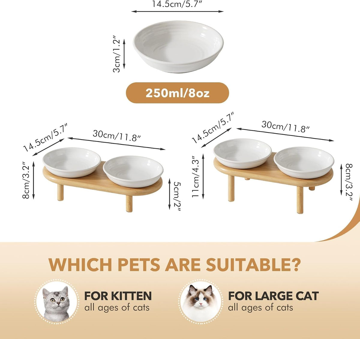 Elevated Cat Bowls, Ceramic Cat Bowl with Bamboo Stand Wide Opening – Essentials for Cats - White / Stripe Set + Bamboo - image 2
