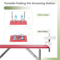 VFK 36''/47''Large Dog Grooming Table, Foldable Pet Station at Home, Dog Grooming Table,Adjustable Cat Drying Desktop with Arms, Nooses, Mesh Tray (Stainless Steel pet Table, 36" Pink)
