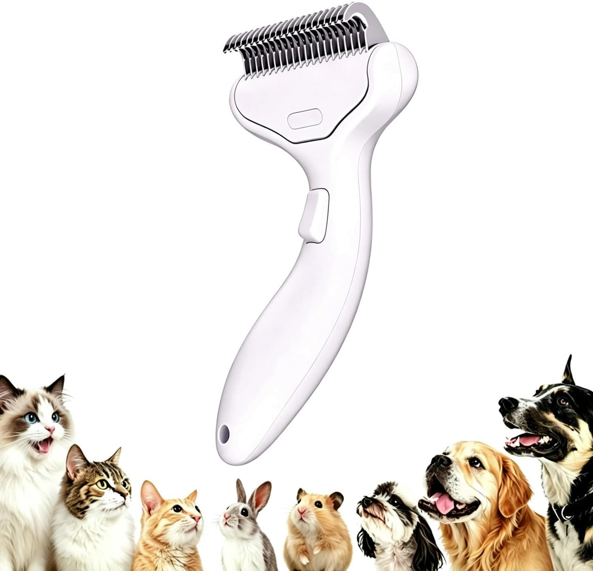 Undercoat Rake for Dogs & Cats, Self‑Clean Deshedding Brush - Creamy-White