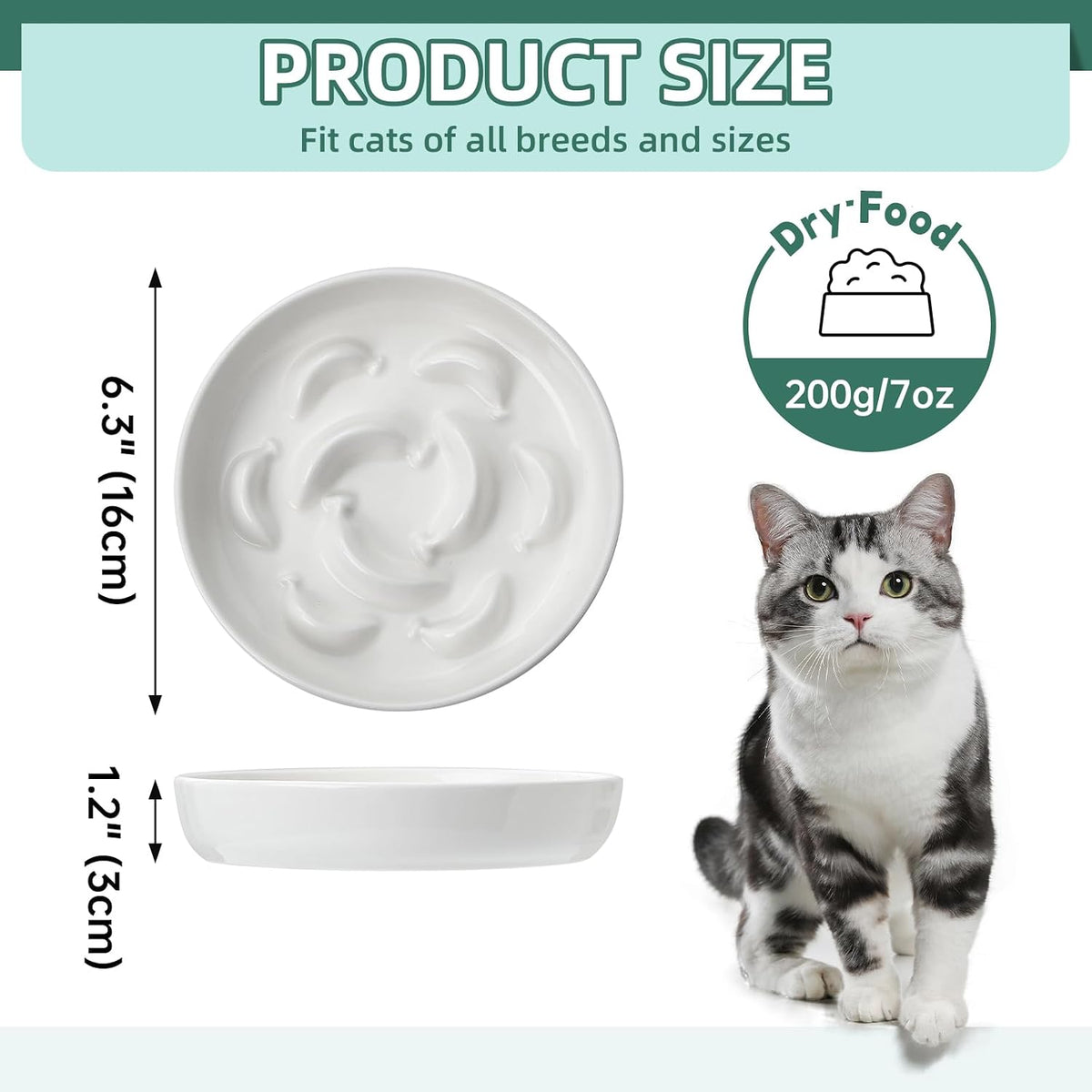 2 Pack Ceramic Cat Slow Feeder Bowl Set, 6.3" Wide - White and Green - image 2