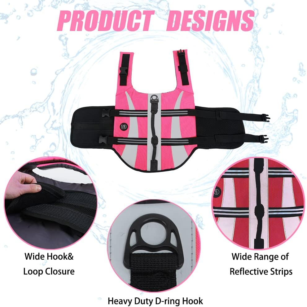 EMUST Dog Life Jacket, High Visibility Dog Life Vests with 2 Rescue Handles – Essentials for Dogs - XXL / Pink - image 3