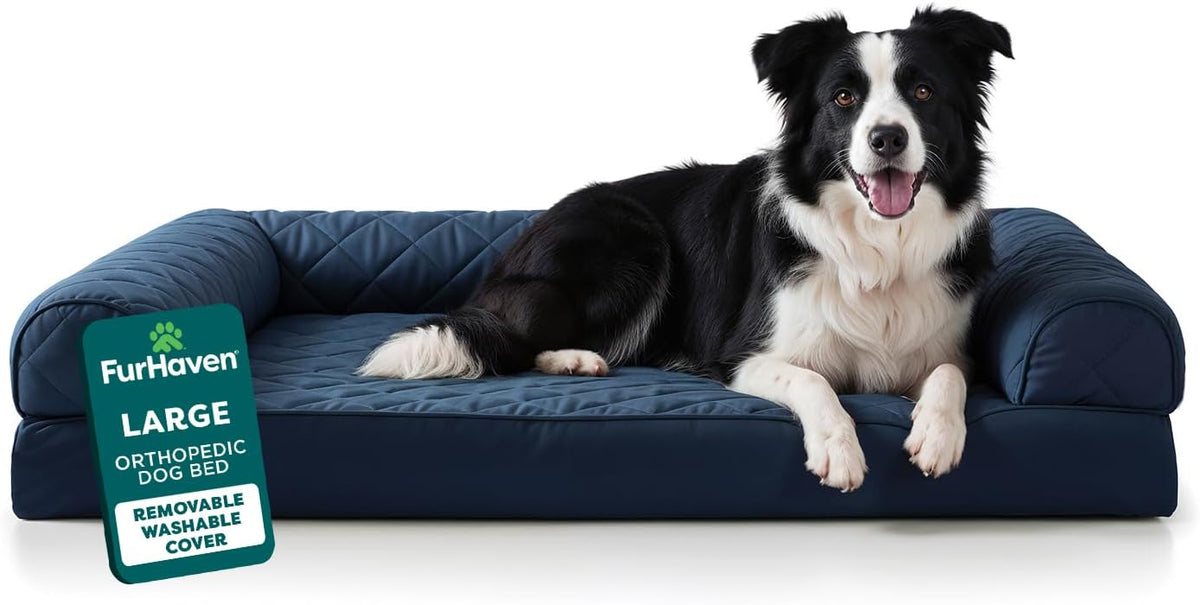 FurHaven Classic Sofa Orthopedic Dog Bed for Large Dogs - Large / Navy Blue