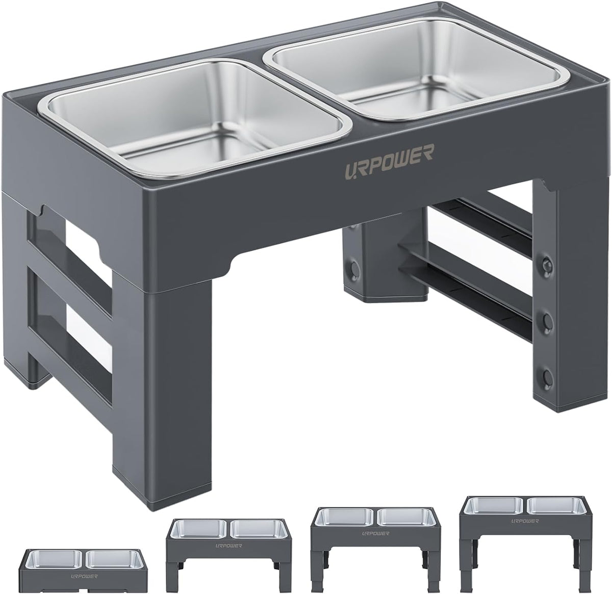 URPOWER Raised Dog Bowls 4 Height Adjustable Elevated Bowl Stand – Essentials for Dogs - Steel Grey