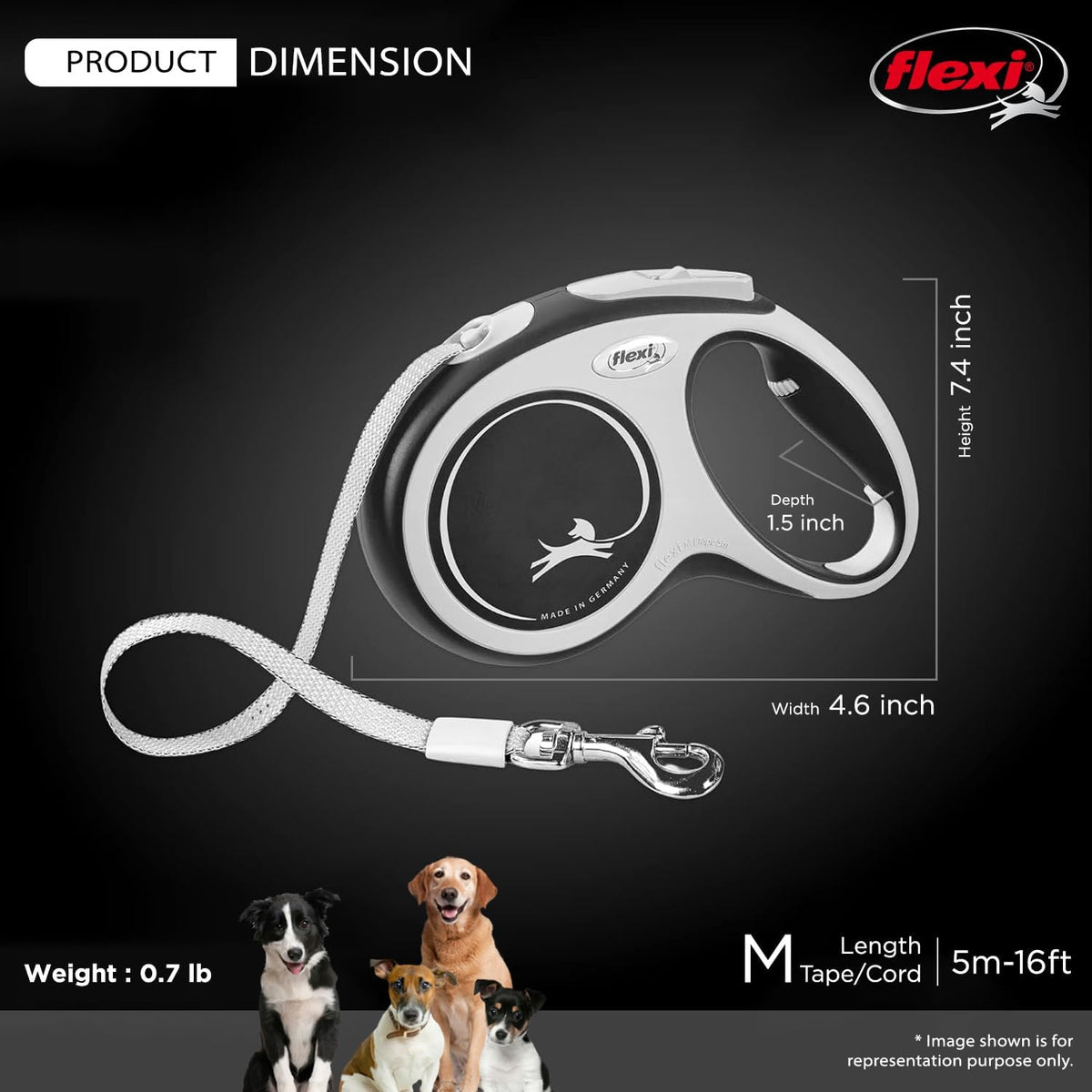 FLEXI Comfort Tape Retractable Dog Leash - Medium - 16 Feet / Grey/Black - image 3
